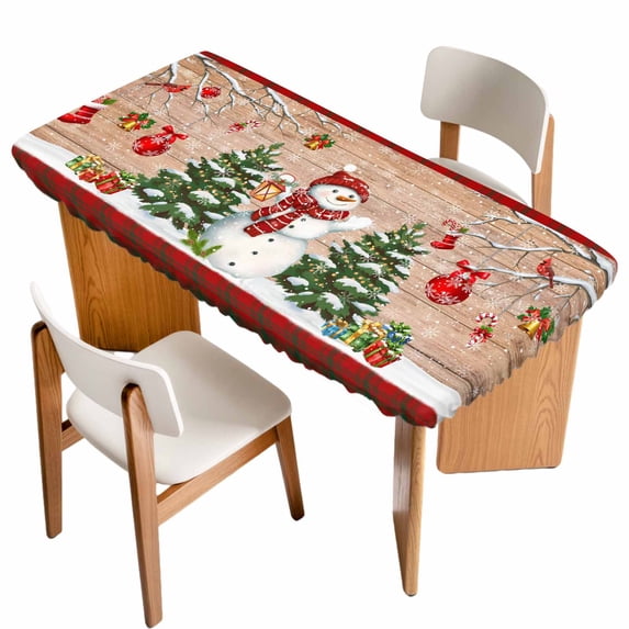 Christmas Table Cloths for 4 Foot Rectangle Tables, Xmas Tree Snowman Birch Snowflakes Balls Plaid Patio Waterproof Elastic Fitted Tablecloths, Washable Rectangular Table Cover for Camping
