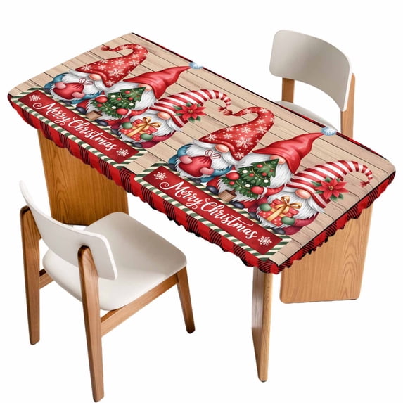 Christmas Table Cloths for 5 Foot Rectangle Tables, Gnomes Poinsettia Wooden Grain Red Black Plaid Patio Waterproof Elastic Fitted Tablecloths, Washable Rectangular Table Cover for Camping