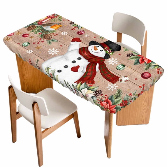 Christmas Table Cloths for 5 Foot Rectangle Tables, Snowman Xmas Tree Snowflake Winter Wooden Patio Waterproof Elastic Fitted Tablecloths, Washable Rectangular Table Cover for Camping