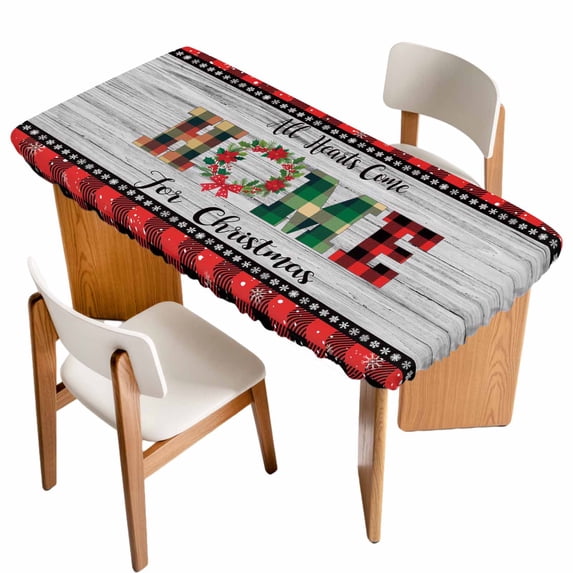 Christmas Table Cloths for 5 Foot Rectangle Tables, Winter Poinsettia Wooden Grain Red Black Plaid Patio Waterproof Elastic Fitted Tablecloths, Washable Rectangular Table Cover for Camping