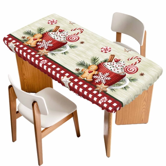 Christmas Table Cloths for 5 Foot Rectangle Tables, Xmas Ice Cream Snowflakes Candy Pine Needles Patio Waterproof Elastic Fitted Tablecloths, Washable Rectangular Table Cover for Camping