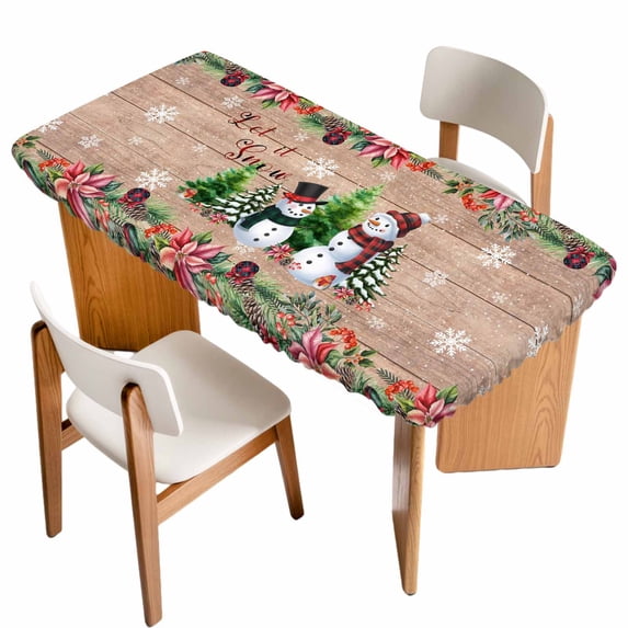 Christmas Table Cloths for 6 Foot Rectangle Tables, Snowman Snowflake Xmas Tree Winter Wooden Patio Waterproof Elastic Fitted Tablecloths, Washable Rectangular Table Cover for Camping
