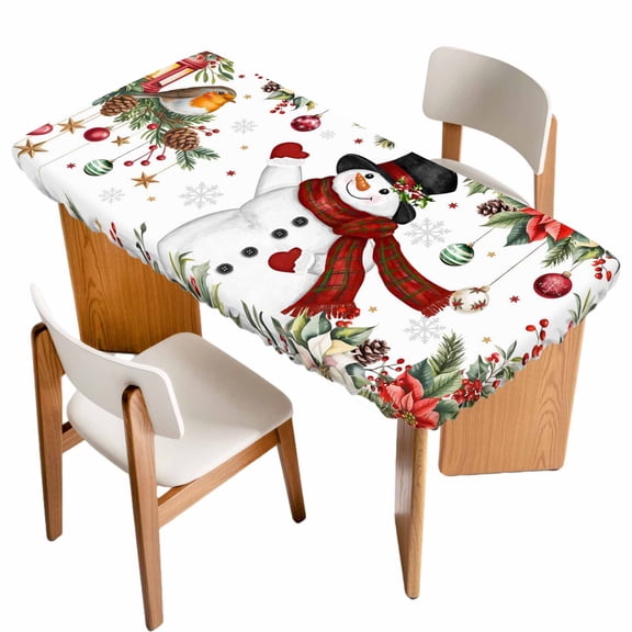 Christmas Table Cloths for 6 Foot Rectangle Tables, Snowman Xmas Tree Snowflake Winter Patio Waterproof Elastic Fitted Tablecloths, Washable Rectangular Table Cover for Camping