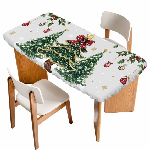 Christmas Table Cloths for 6 Foot Rectangle Tables, Winter Green Pine Trees Maple Leave Xmas Balls Patio Waterproof Elastic Fitted Tablecloths, Washable Rectangular Table Cover for Camping