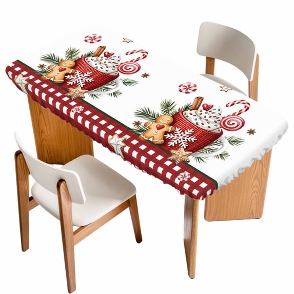 Christmas Table Cloths for 6 Foot Rectangle Tables, Winter Ice Cream Sugar Pine Needle Red Plaid Patio Waterproof Elastic Fitted Tablecloths, Washable Rectangular Table Cover for Camping