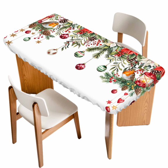 Christmas Table Cloths for 6 Foot Rectangle Tables, Xams Tree Winter Red Poinsettia Pine Cones Patio Waterproof Elastic Fitted Tablecloths, Washable Rectangular Table Cover for Camping