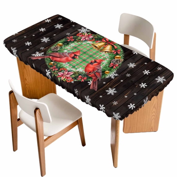 Christmas Table Cloths for 6 Foot Rectangle Tables, Xmas Botanical Birds Snowflake Wooden Patio Waterproof Elastic Fitted Tablecloths, Washable Rectangular Table Cover for Camping