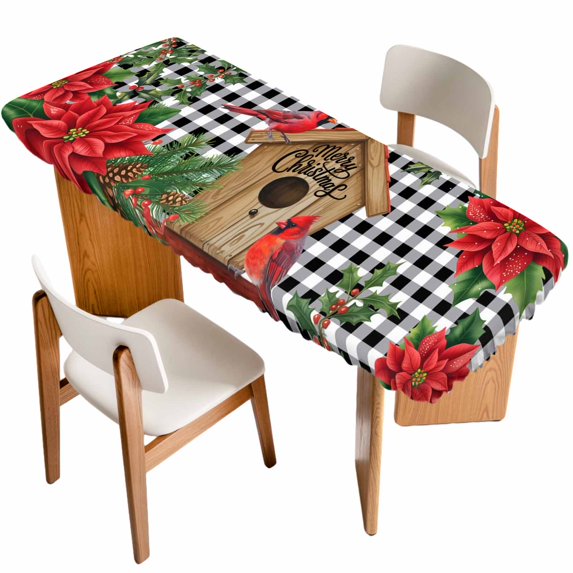 Christmas Table Cloths for 8 Foot Rectangle Tables, Red Cardinal Bird Poinsettia Pine Needles Plaid Patio Waterproof Elastic Fitted Tablecloths, Washable Rectangular Table Cover for Camping