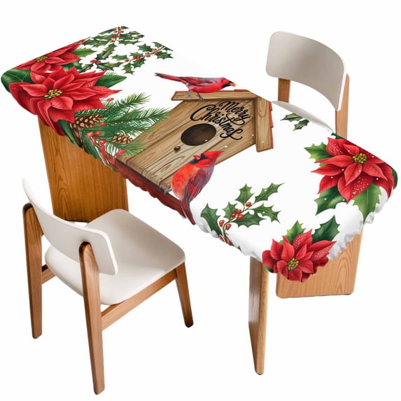 Christmas Table Cloths for 8 Foot Rectangle Tables, Red Cardinal Poinsettia Hut Berry Pine Needles Patio Waterproof Elastic Fitted Tablecloths, Washable Rectangular Table Cover for Camping