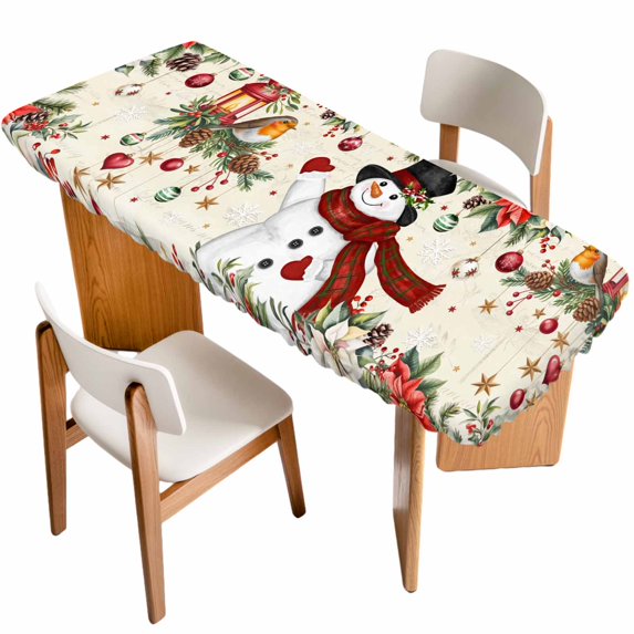 Christmas Table Cloths for 8 Foot Rectangle Tables, Snowman Xmas Tree Snowflake Winter Bird Poinsettia Patio Waterproof Elastic Fitted Tablecloths, Washable Rectangular Table Cover for Camping