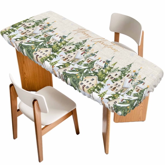 Christmas Table Cloths for 8 Foot Rectangle Tables, Winter Xmas Trees Farmhouse Country Cabin on Linen Patio Waterproof Elastic Fitted Tablecloths, Washable Rectangular Table Cover for Camping