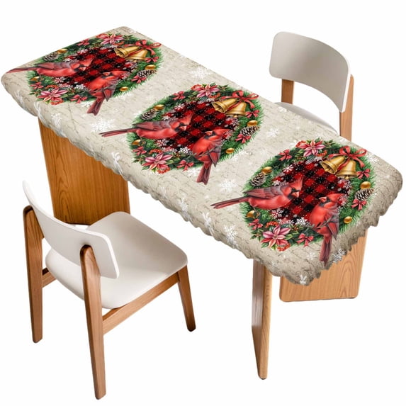 Christmas Table Cloths for 8 Foot Rectangle Tables, Xmas Botanical Birds Snowflake Plaid Patio Waterproof Elastic Fitted Tablecloths, Washable Rectangular Table Cover for Camping