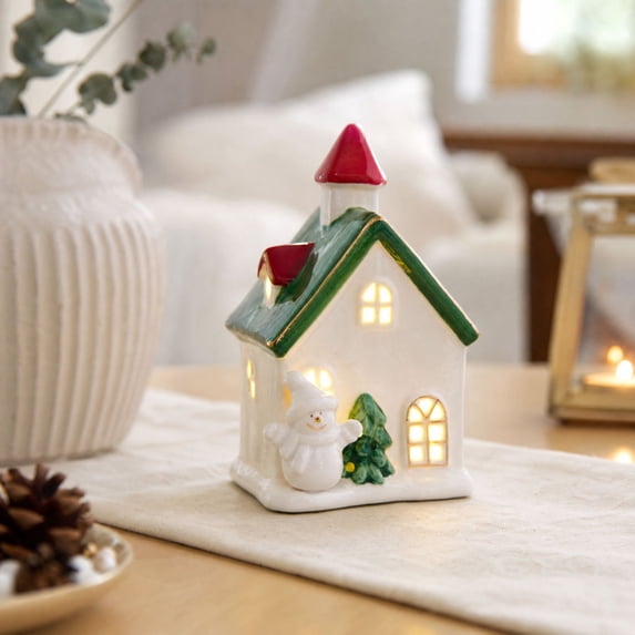Christmas Table Decor Light Up Ceramic Snowman Christmas House Indoor Holiday Ornament for Home Living Room Bedroom Display