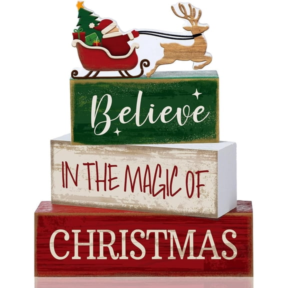 Christmas Table Decoration Set of 4 - Wooden Santa Claus Decor, Tiered Tray Decorative Elk Block Sign, Farmhouse Xmas Table Centerpiece for Home Kitchen Shelf Gift