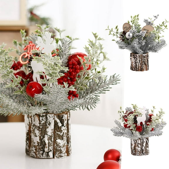 Christmas Table Decorations, 14 Inch Christmas Centerpiece Small Potted Christmas Tree with Lights, Deer Pine Cones and Berries, Xmas Artificial Plants for Tables, Home, Mantel Holiday Decor