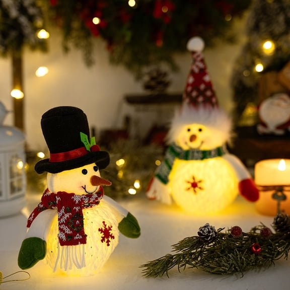 Christmas Table Decorations 2 PCS Lighted Plush Snowmen Figurines, LED Lighting Snowman Tabletop Figurine, Battery Operated Christmas LED Flameless Candles Snowman for Home Party Winter Decor