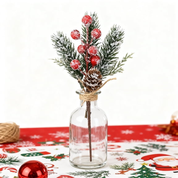 Christmas Table Decorations Artificial Christmas Tree Decor Kitchen Needle Pick With Golden Red Berries Pinecone Rustic Bow Decorative Spray for Wreath Garland Centerpiece Tree Decor (White)