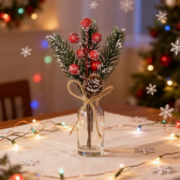 Christmas Table Decorations Artificial Christmas Tree Decor Kitchen Needle Pick With Golden Red Berries Pinecone Rustic Bow Decorative Spray for Wreath Garland Centerpiece Tree Decor (Red)