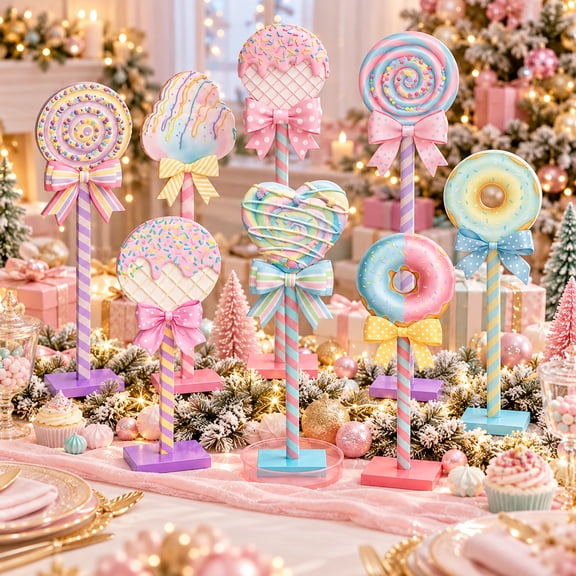 Christmas Table Decorations with Candyland Theme, 8-Piece Set, Pastel Whimsical Dessert Shapes, for Dining Room Centerpiece, Table Centerpieces