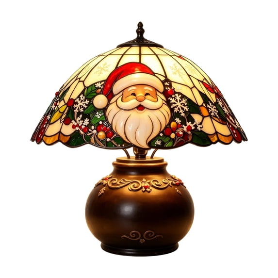 Christmas Table Lamp with Scalloped Shade and Festive Santa Snowflake Prints, Vintage Warm Accent Lighting for Living Room Bedroom, Christmas Holiday Desktop Decor 1 Pack
