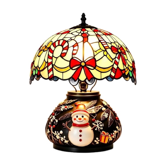 Christmas Table Lamp with Scalloped Stained Glass Shade and Embossed Bronze Base, Warm Vintage Decor Lighting for Living Room Bedside Nightstand, Seasonal Holiday Desktop Ornament
