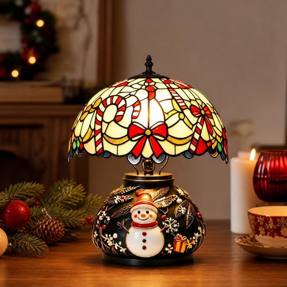 Christmas Table Lamp Stained Glass Style Desk Night Light Snowman Pattern Decorative Accent Lamp for Home Countertop Display