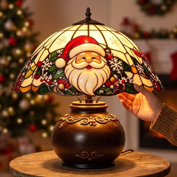 Christmas Table Lamp Stained Glass Style Desk Night Light Winter House Pattern Decorative Accent Lamp for Home Countertop Display