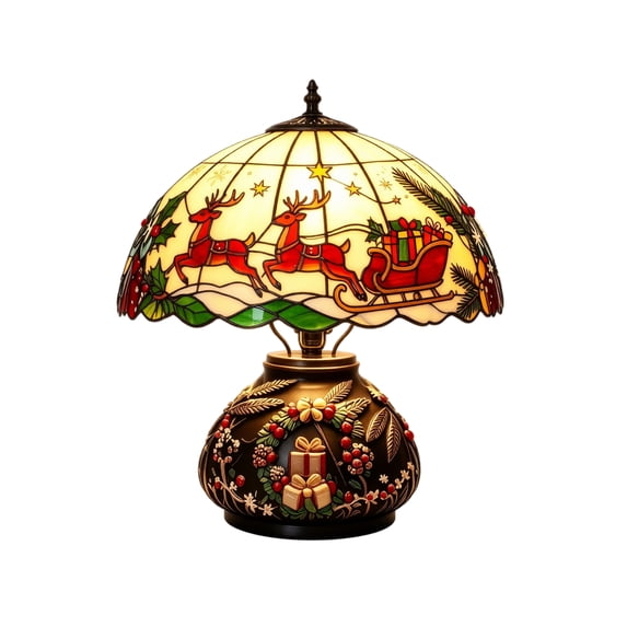 Christmas Table Lamp with Stained Glass Shade, Cozy Ambient Lighting for Living Room, Vintage Holiday Gift, 1 Count