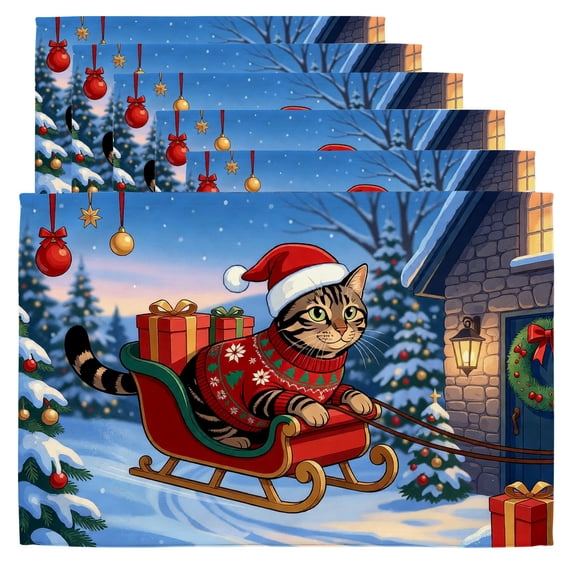 Cat Riding Food Christmas Table Mats A cat in a Santa hat riding a sleigh,Set of 6 ...