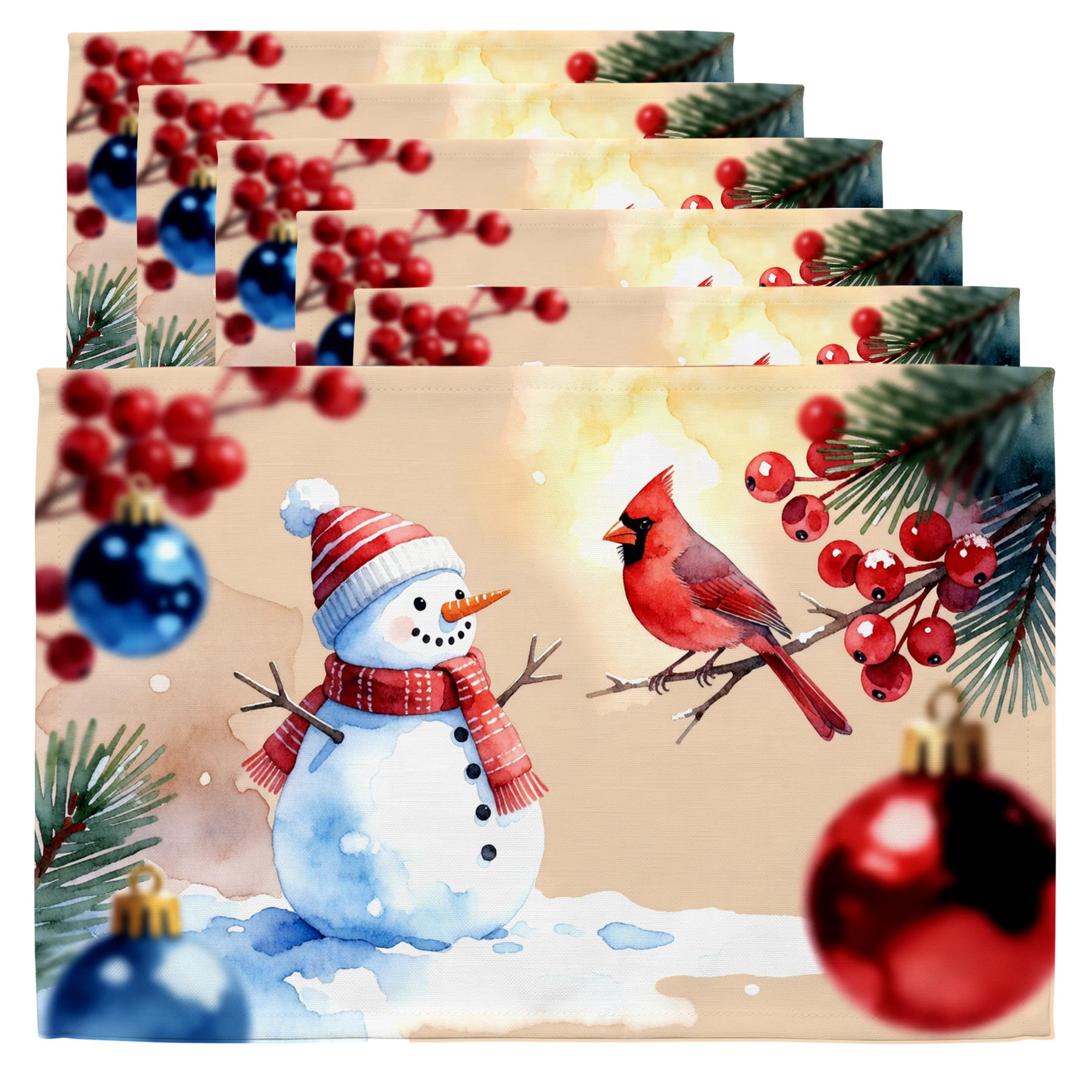 Ormaments Drawing Christmas Table Mats A drawing of a snowman and a cardinal surrounded ...