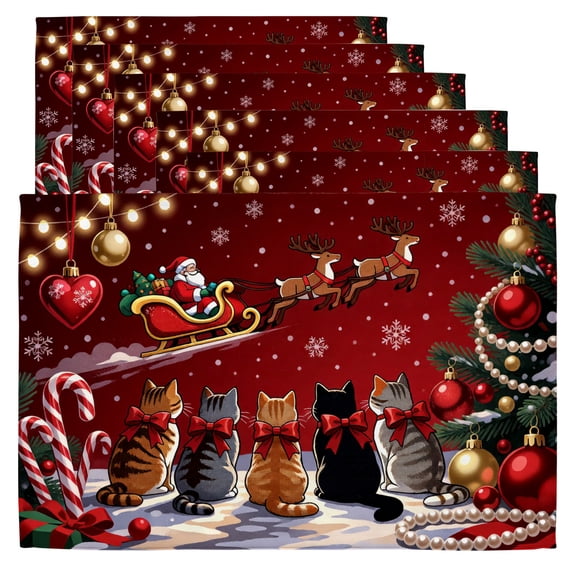 Christmas Table Mats a christmas scene with santa and reindeer Set of 6,Rectangle 12x18 in,Christmas Decorations Restaurant
