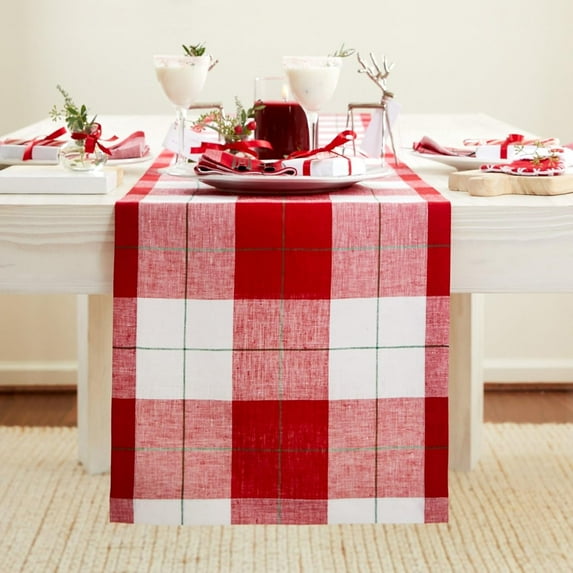 Christmas Table Runner – 100% Pure Linen Very Merry Plaid Table Runner – Machine Washable Table Runner