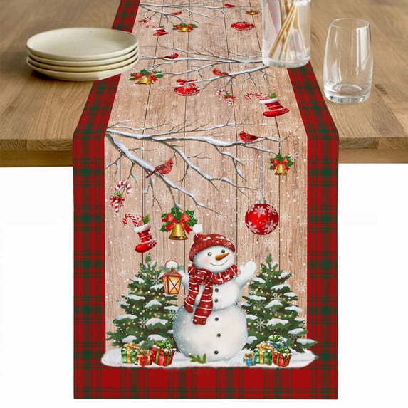 Christmas Table Runner 120 Inches Long Farmhouse Dress Scarves, Xmas Tree Snowman Birch Snowflakes Balls Plaid Dining Tablerunner for Coffee Table/Kitchen Island/Party Décor, 13" x 120"