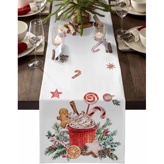 Christmas Table Runner 120 Inches Long, Gingerbread Man Coffee Cappuccino White Kitchen Dining Table Decoration Winter Holiday Table Runner for Home Party Decor13x120 Inch