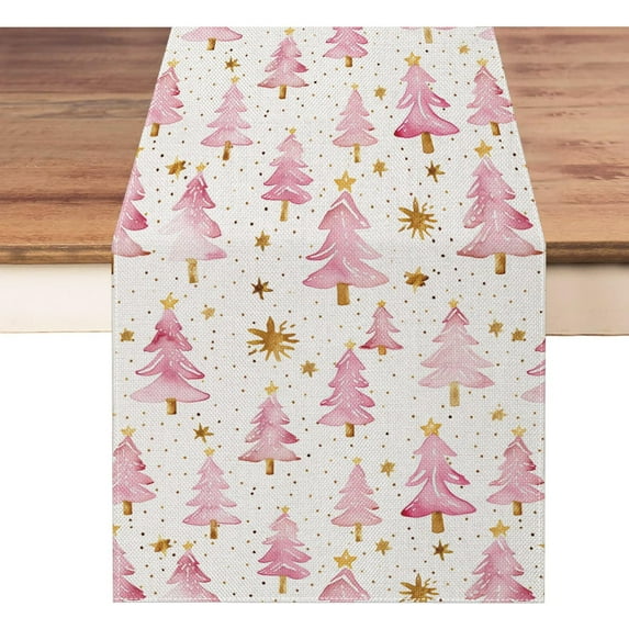 Christmas Table Runner 13.8x71 Inch, Pink Merry Christmas Trees Table Decors for Seasonal Winter Xmas Holiday Farmhouse Home Kitchen Dining Party