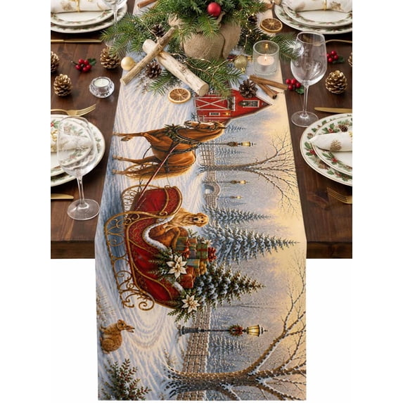 Christmas Table Runner 13 x 60 Inch, Snowy Farm Landscape Horse ...