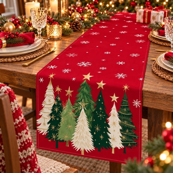 Christmas Table Runner 13 x 72 Inch Snowflake Tree Winter Decor Farmhouse Tablecloth for Holiday Party Kitchen Dining Indoor Outdoor Red