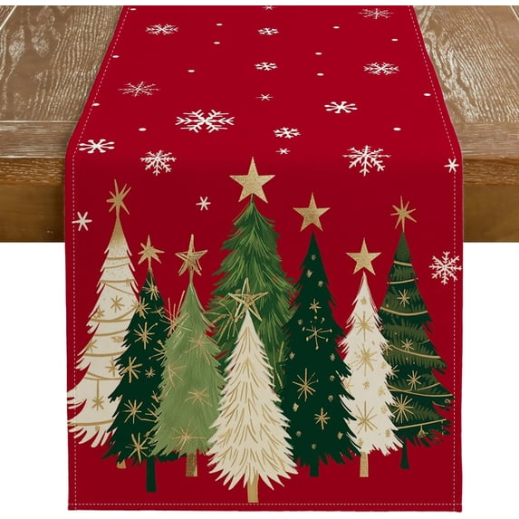 Christmas Table Runner 13x120 Inch, Xmas Trees Snowflakes Holiday Decorative Farmhouse Table Decoration for Kitchen Dinning, Indoor Outdoor Dinner Party Decor (Red) GT150-120