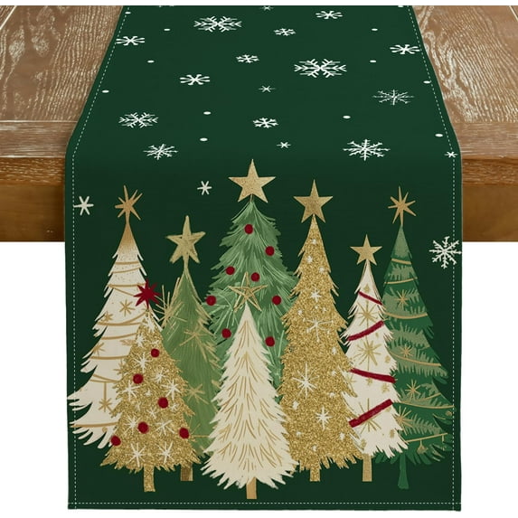Christmas Table Runner 13x120 Inch, Xmas Trees Snowflakes Holiday Decorative Farmhouse Table Decoration for Kitchen Dinning, Indoor Outdoor Dinner Party Decor (Green) GT152-120