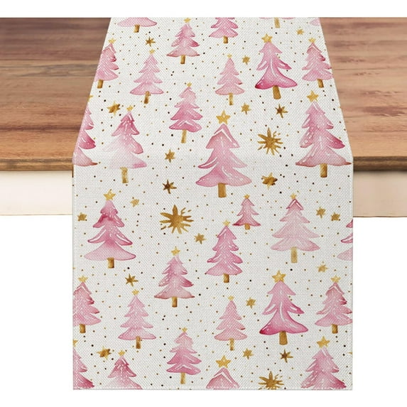 Christmas Table Runner 13x36 Inch, Pink Merry Christmas Trees Table Decors for Seasonal Winter Xmas Holiday Farmhouse Home Kitchen Dining Party