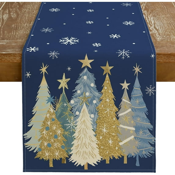 Christmas Table Runner 13x36 Inch, Xmas Trees Snowflakes Holiday Decorative Farmhouse Table Decoration for Kitchen Dinning, Indoor Outdoor Dinner Party Decor (Blue) GT151-36