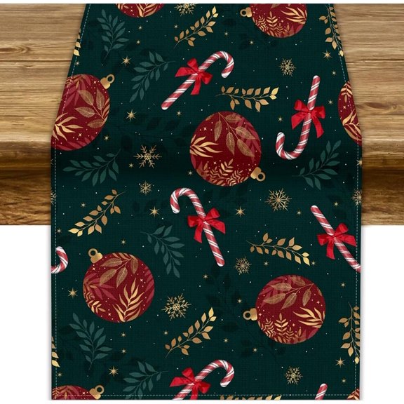 Christmas Table Runner 13x36in, Green Red Balls Winter Holiday Table Decor for Kitchen & Dining