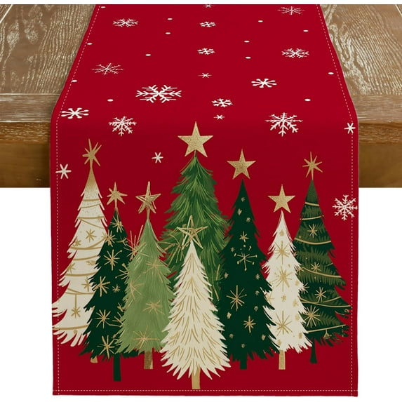 Christmas Table Runner 13x48 Inch, Xmas Trees Snowflakes Holiday Decorative Farmhouse Table Decoration for Kitchen Dinning, Indoor Outdoor Dinner Party Decor (Red) GT150-48