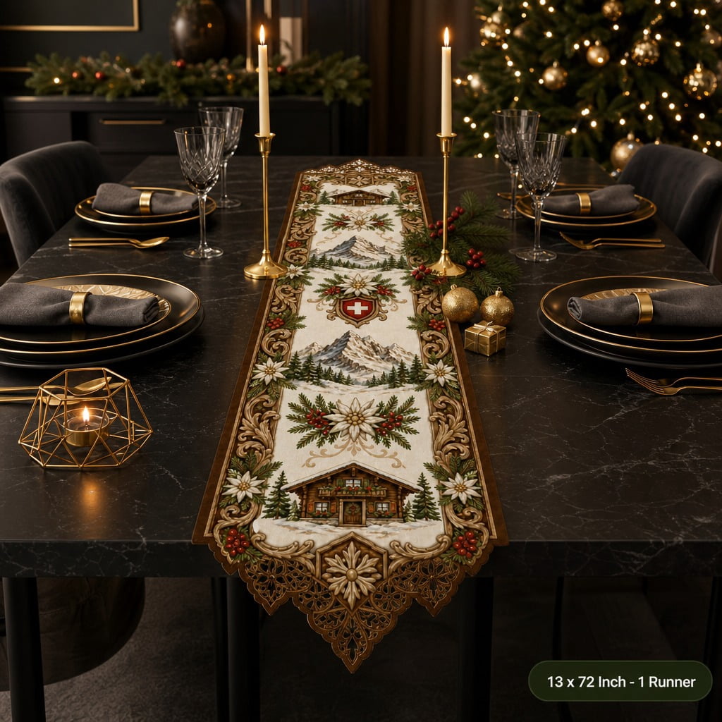Christmas Table Runner 13x72 Inch, Alpine Lodge Shaped Edge Runner for ...