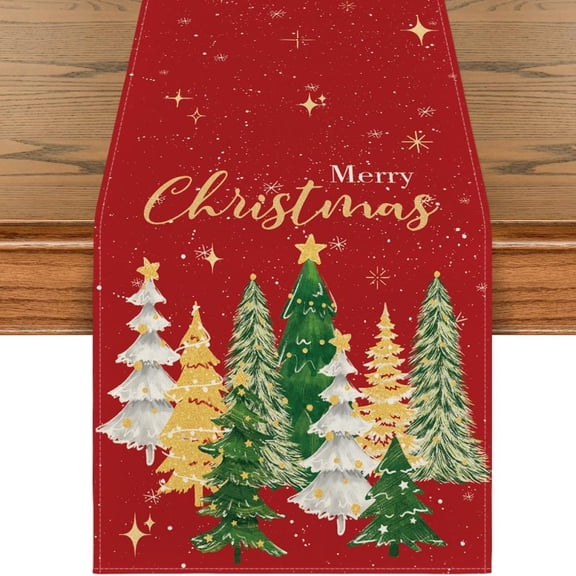 Christmas Table Runner 13x72 Inch, Xmas Trees Merry Christmas Table Runner, Seasonal Winter Red Kitchen Dining Tablecloth Decoration for Home Party Decor