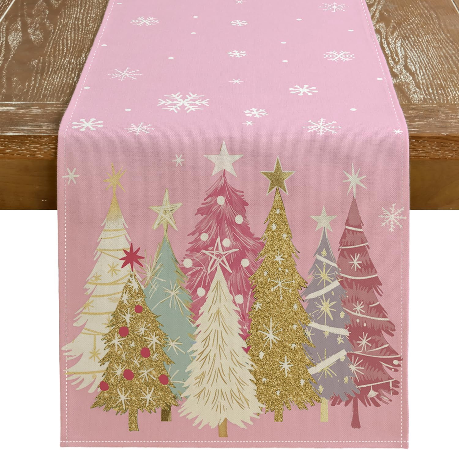 Christmas Table Runner 13x72 Inch, Xmas Trees Snowflakes Holiday Decorative Farmhouse Table Decoration for Kitchen Dinning, Indoor Outdoor Dinner Party Decor