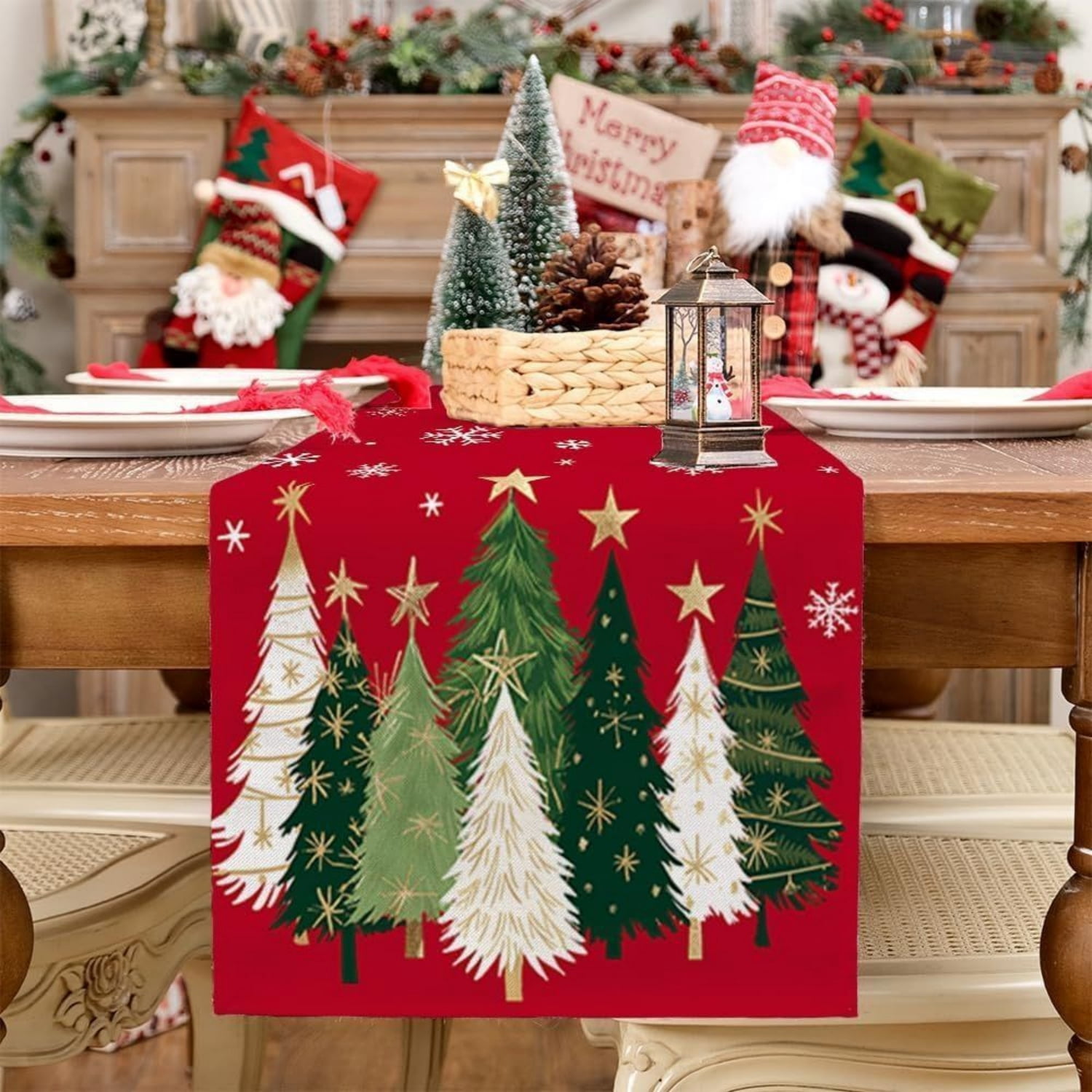 Christmas Table Runner 13x72 Inch, Xmas Trees Snowflakes Holiday Decorative Farmhouse Table Decoration for Kitchen Dinning, Indoor Outdoor Dinner Party Decor