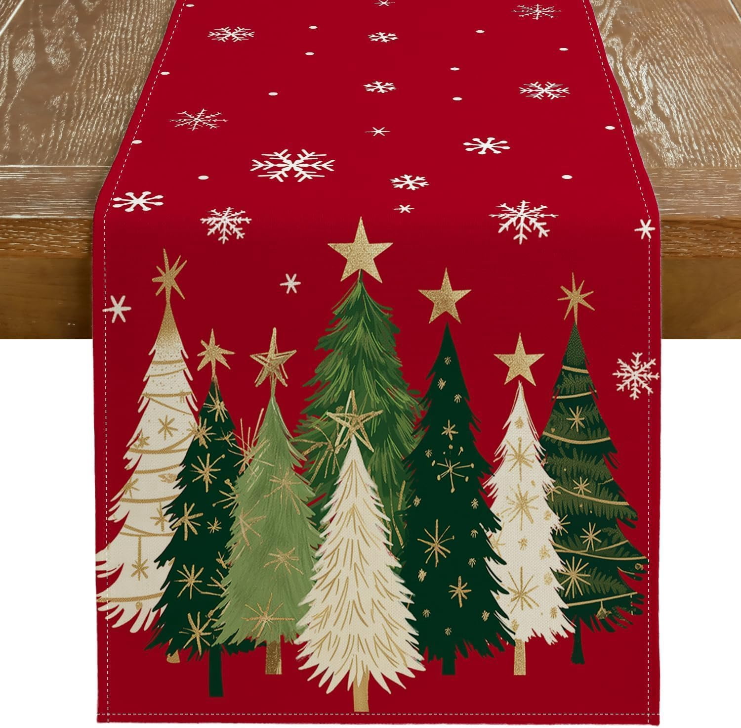 Christmas Table Runner 13x72 Inch, Xmas Trees Snowflakes Holiday Decorative Farmhouse Table Decoration for Kitchen Dinning, Indoor Outdoor Dinner Party Decor