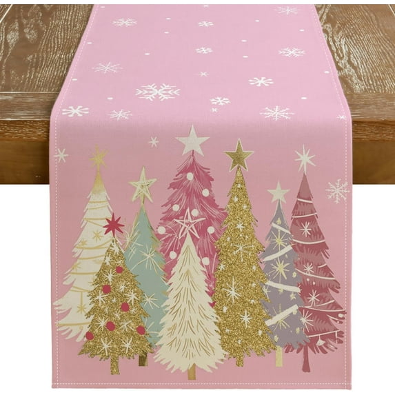 Christmas Table Runner 13x72 Inch, Xmas Trees Snowflakes Holiday Decorative Farmhouse Table Decoration for Kitchen Dinning, Indoor Outdoor Dinner Party Decor (Pink) GT153-72