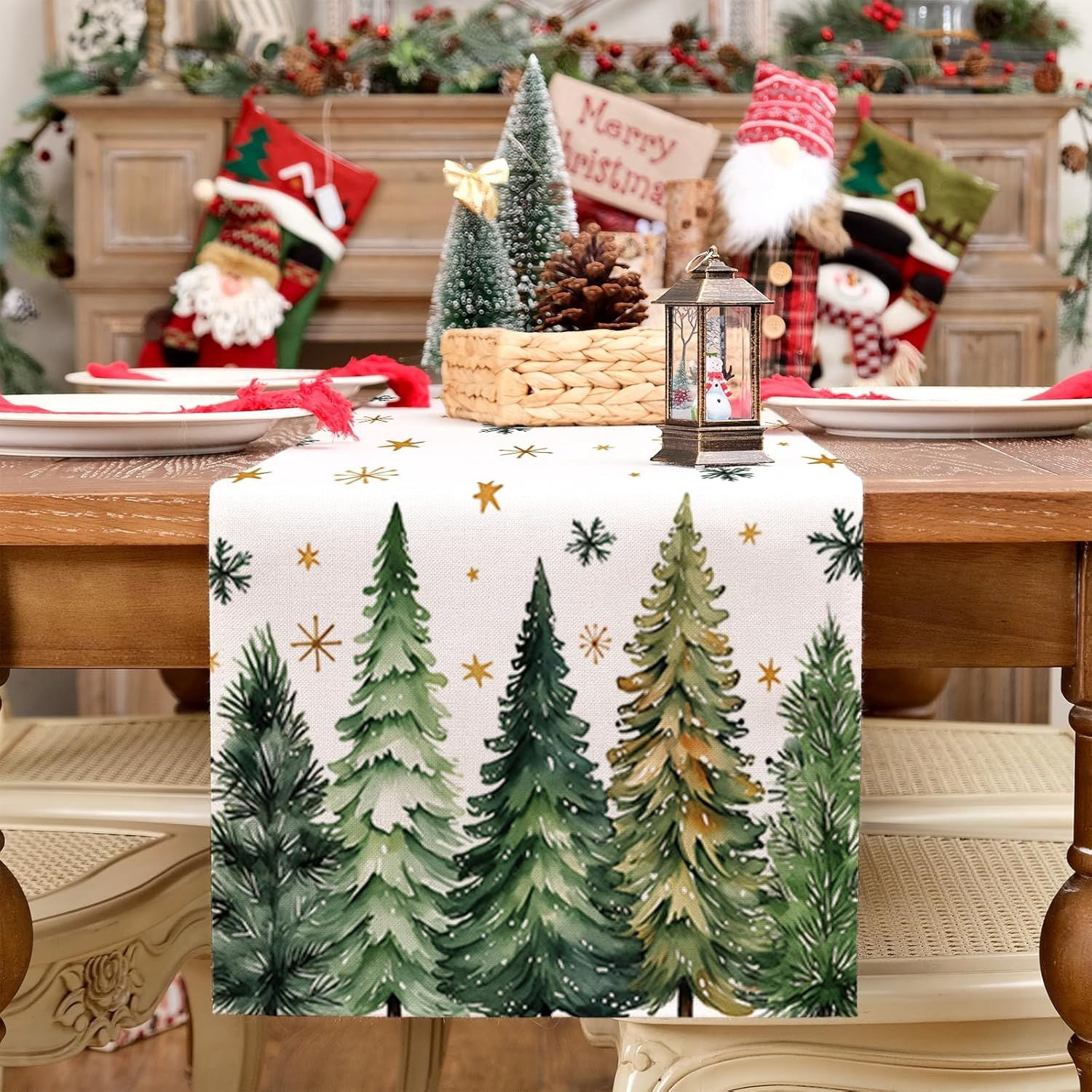 Christmas Table Runner 13x72 Inch, Xmas Trees Snowflakes Winter Holiday Decorative Farmhouse Table Decorations for Kitchen Dinning, Indoor Outdoor Dinner Party Decor